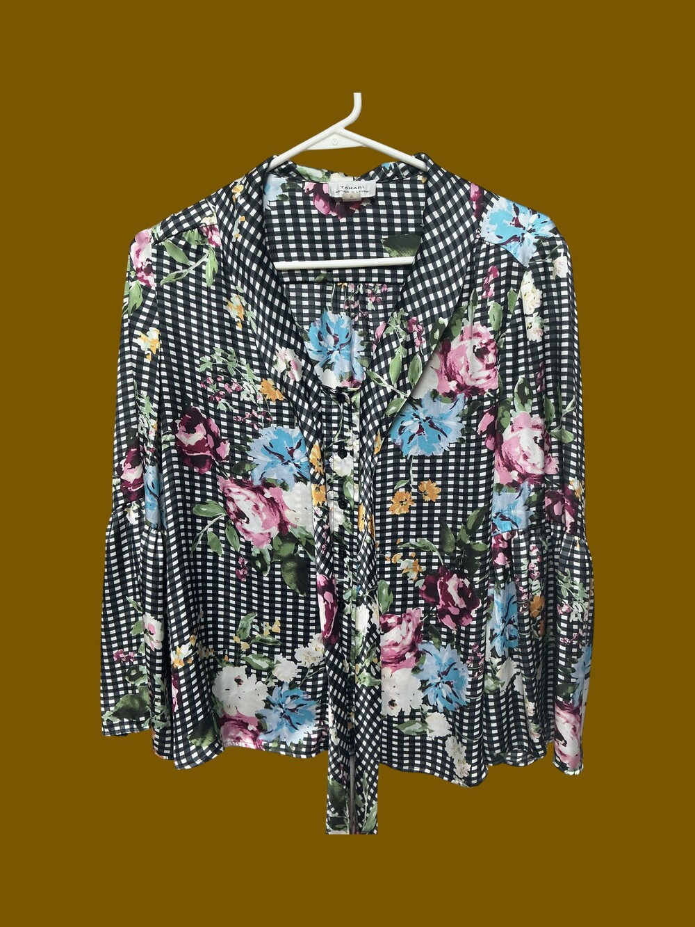 Tahari Arthur S. Levine Black White Gingham Floral Print Long Sleeve Blouse